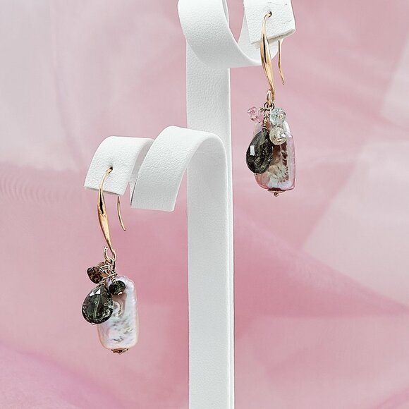 Baroque Pearl & Tourmaline Cluster Earrings, 14K Gold Filled Dainty Ear Wires - Picture 1 of 9